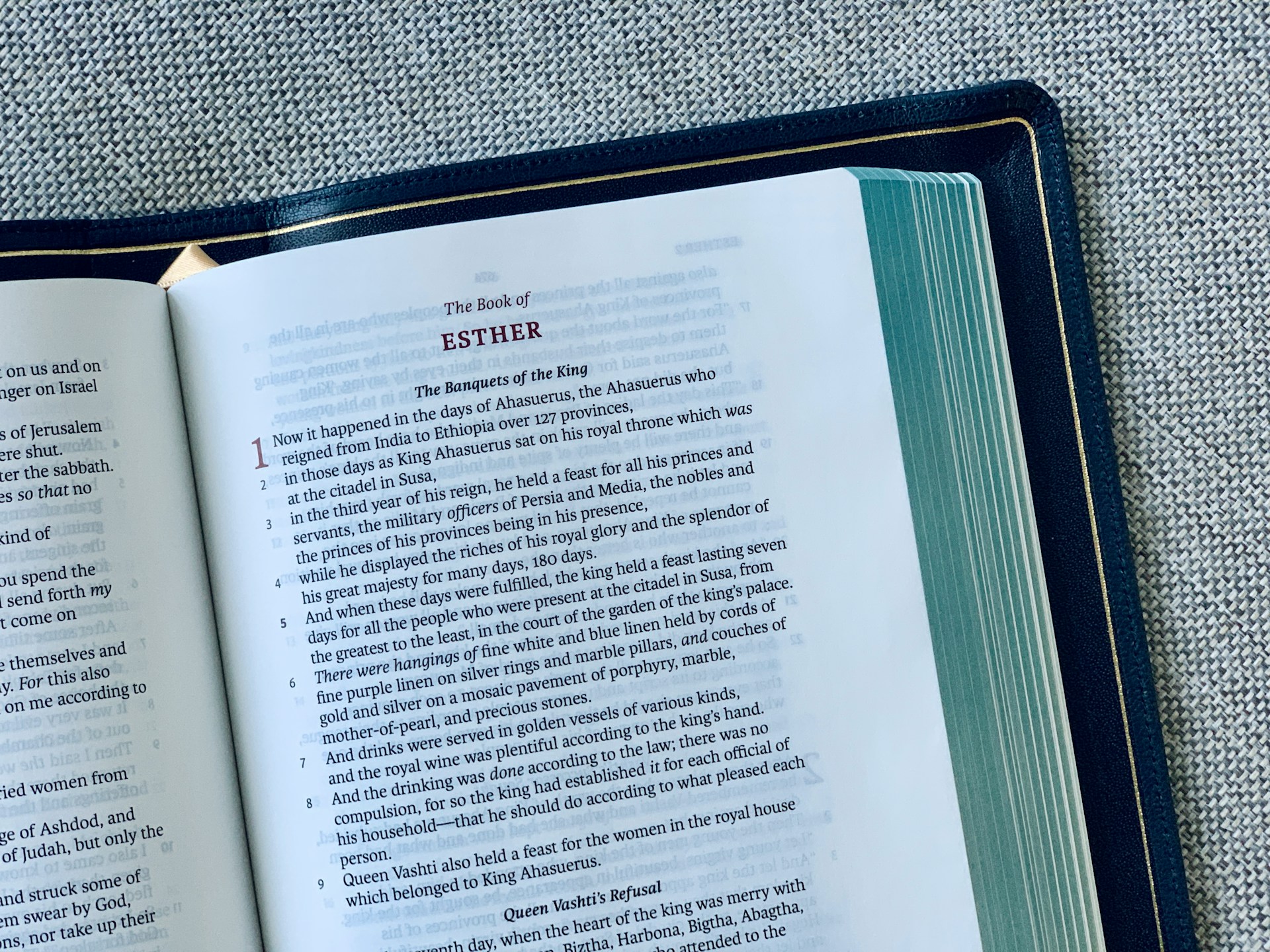 Close up of a Bible open to the book of Esther