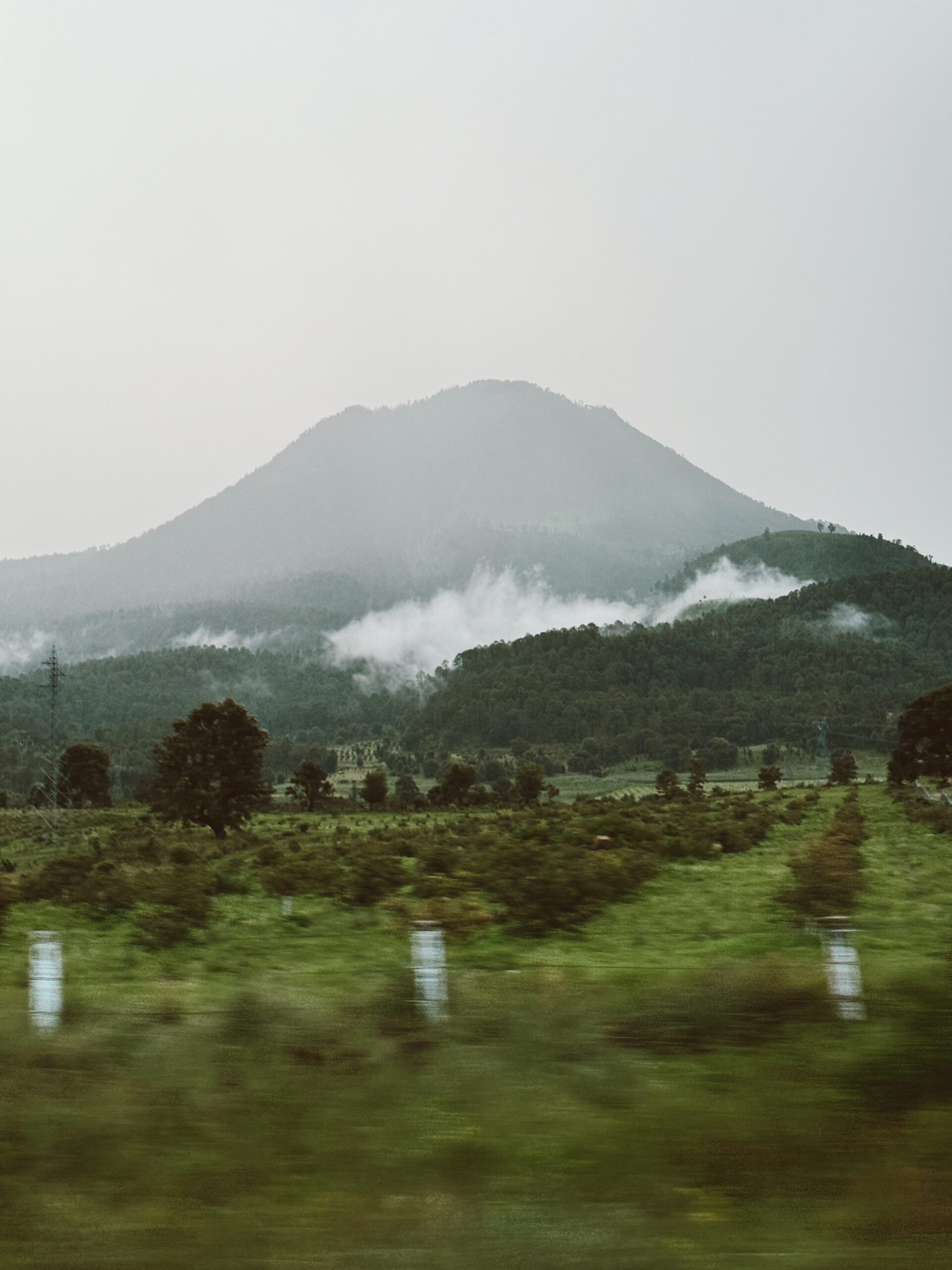 Tall mountain surrounded by rich greenery against an overcast sky